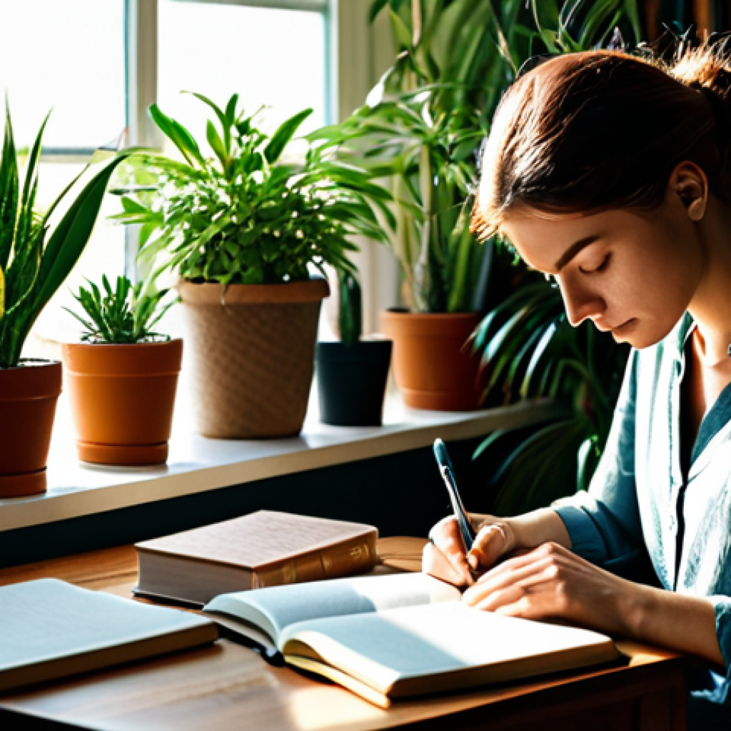 **
"A person thoughtfully journaling in a sunlit room, surrounded by books and calming plants. Focus on capturing the essence of self-reflection and introspection. Fully clothed in comfortable, modest attire. Soft, natural lighting. Safe for work, appropriate content, professional, mindful scene, perfect anatomy, correct proportions, natural pose."
**