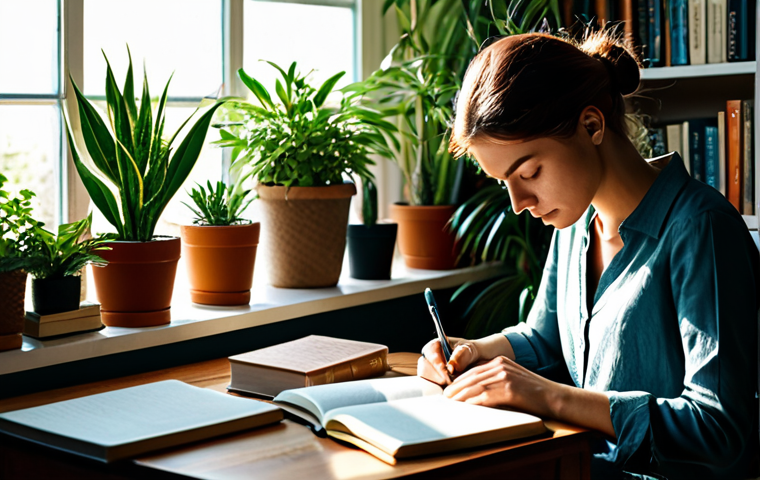**
"A person thoughtfully journaling in a sunlit room, surrounded by books and calming plants. Focus on capturing the essence of self-reflection and introspection. Fully clothed in comfortable, modest attire. Soft, natural lighting. Safe for work, appropriate content, professional, mindful scene, perfect anatomy, correct proportions, natural pose."
**