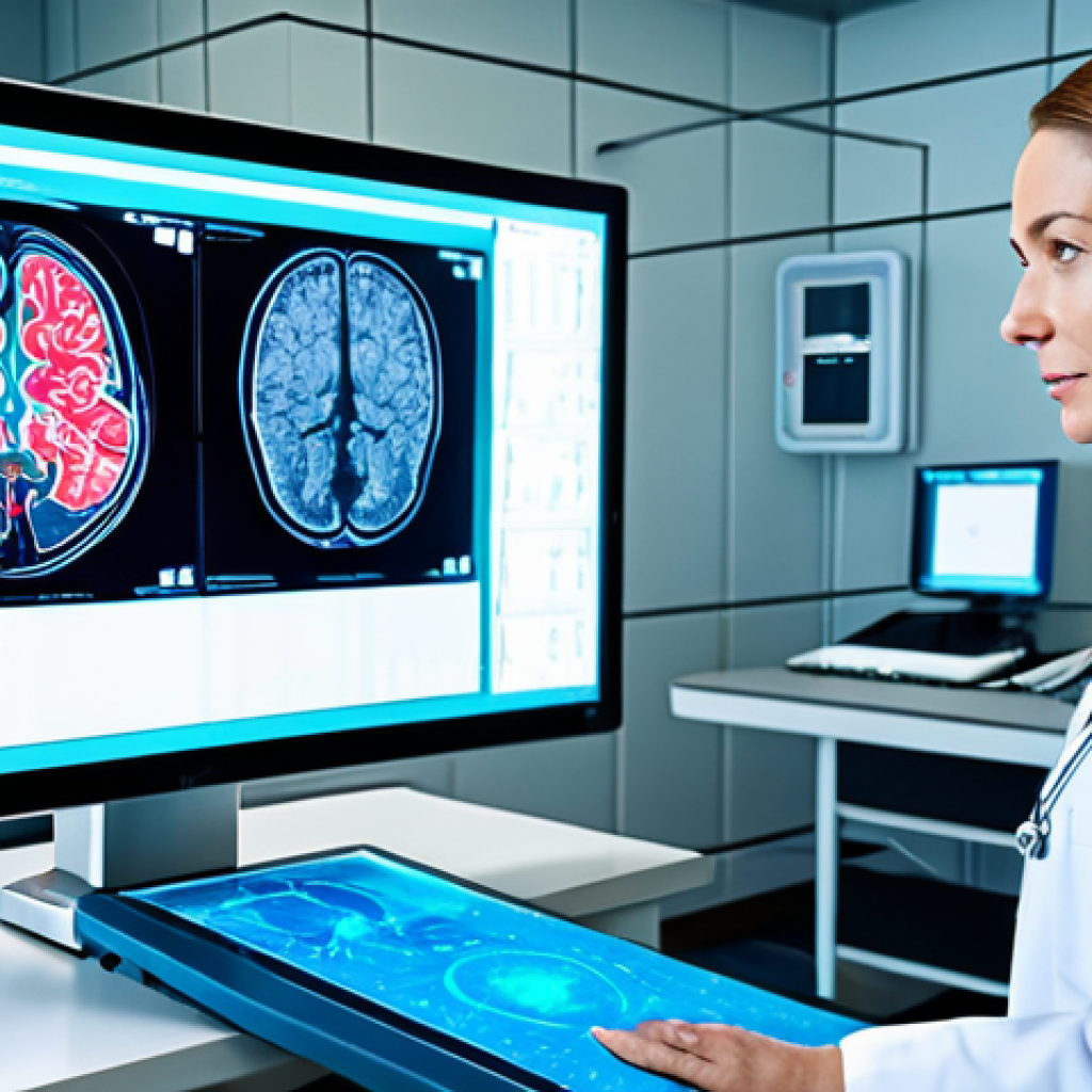 Personalized Medical Diagnosis**
"A highly detailed image of a futuristic, sterile medical examination room. A female doctor, fully clothed in professional scrubs, is reviewing a holographic display of a patient's brain scan. The patient, also fully clothed in appropriate attire, is sitting comfortably. The focus is on the sophisticated technology and personalized care being delivered. Safe for work, appropriate content, fully clothed, professional, perfect anatomy, correct proportions, natural pose, high resolution, digital art."
**
