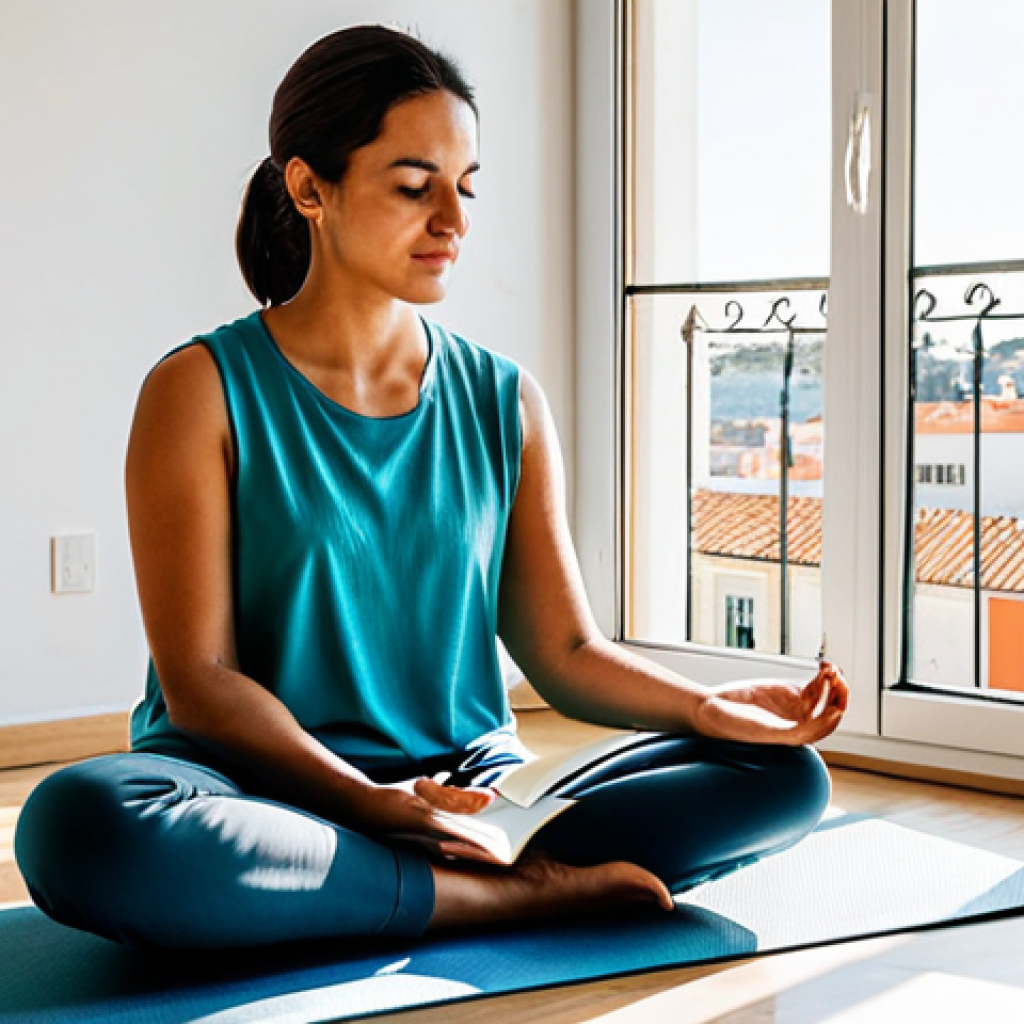 Reflective Morning Routine**
A professional woman in modest, comfortable clothing sits cross-legged on a yoga mat in a bright, airy apartment overlooking Lisbon, Portugal. She's journaling, sunlight streams through the window. Focus on serene concentration. Fully clothed, appropriate content, safe for work, perfect anatomy, natural proportions, family-friendly. Professional photography, high quality.
**