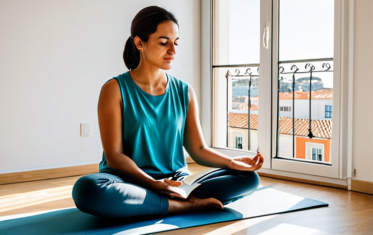 Reflective Morning Routine**
A professional woman in modest, comfortable clothing sits cross-legged on a yoga mat in a bright, airy apartment overlooking Lisbon, Portugal. She's journaling, sunlight streams through the window. Focus on serene concentration. Fully clothed, appropriate content, safe for work, perfect anatomy, natural proportions, family-friendly. Professional photography, high quality.
**