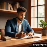 Home 22 메타인지와 창의성의 관계 - A thoughtful young Brazilian professional sitting at a wooden desk in a cozy, modern home office fil...