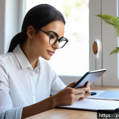 Home 31 메타인지 강화의 최신 동향 - A modern home office scene showing a young professional woman using a digital journaling app on a sl...