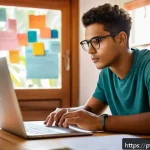 Home 18 메타인지 기술을 통해 학습 능력 높이기 - A focused young adult student sitting at a tidy wooden desk in a cozy, well-lit Brazilian home study...